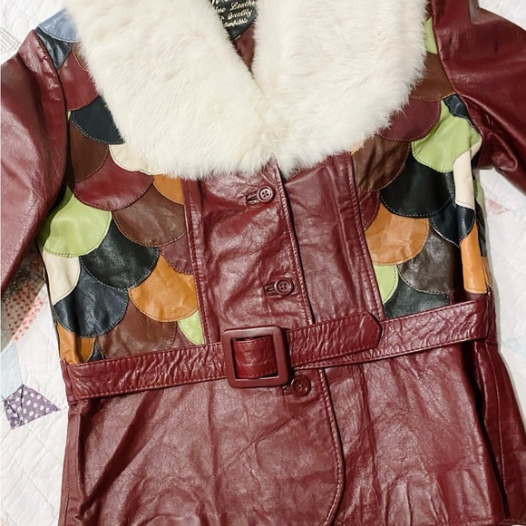 70s vintage patchwork leather jacket with rabbit fur collar - Picture 2 of 5